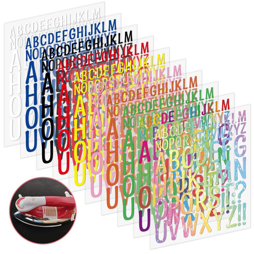Adesivi in vinile termoadesivi multicolore con lettere dell'alfabeto, patch termoadesive, lettere fai-da-te per abbigliamento, t-shirt, borse e cappellini.