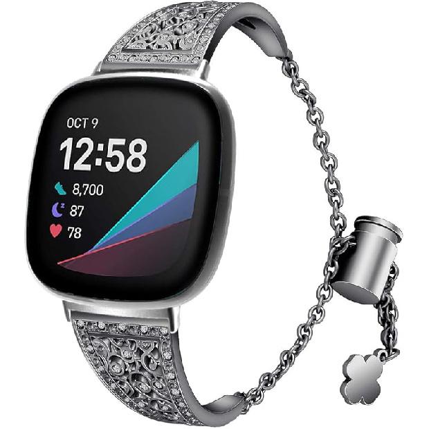 Совместим с Fitbit Versa 4/Versa 3/ Sense 2/Sense, Замена Блестящий Металлический Ремешок Металлическая Ювелирная Манжета Металлический Ремешок для Запястья