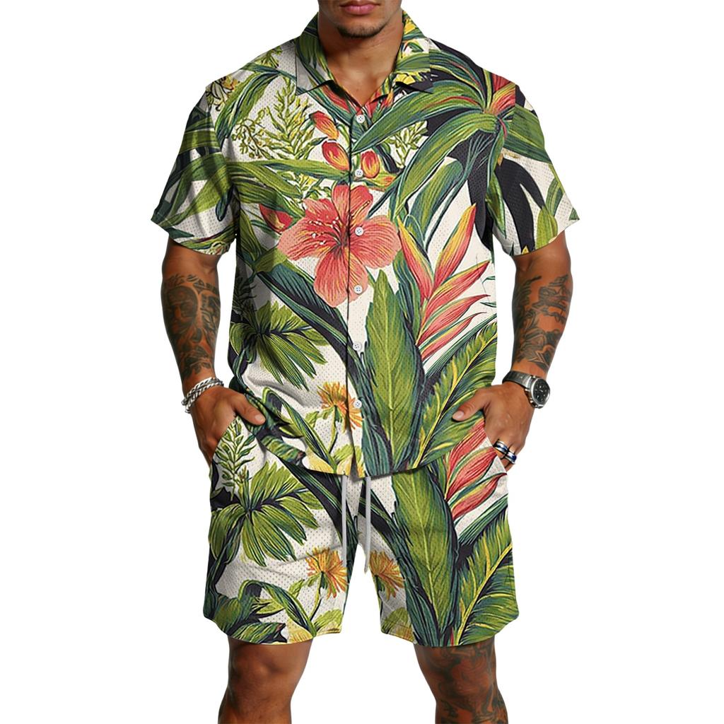 Men's Casual Printed Lightweight Breathable Shirt and Drawstring Shorts Set