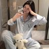Japanese Simple Style Solid Color Summer Can Wear Long-Sleeved Trousers Lapel Loungewear Imitation Silk Pajamas