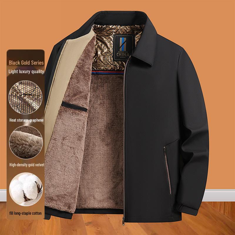 

Men s Winter Warm Velvet Lapel Jacket - Thick, Loose, Cotton Coat for Dad XXL чорний