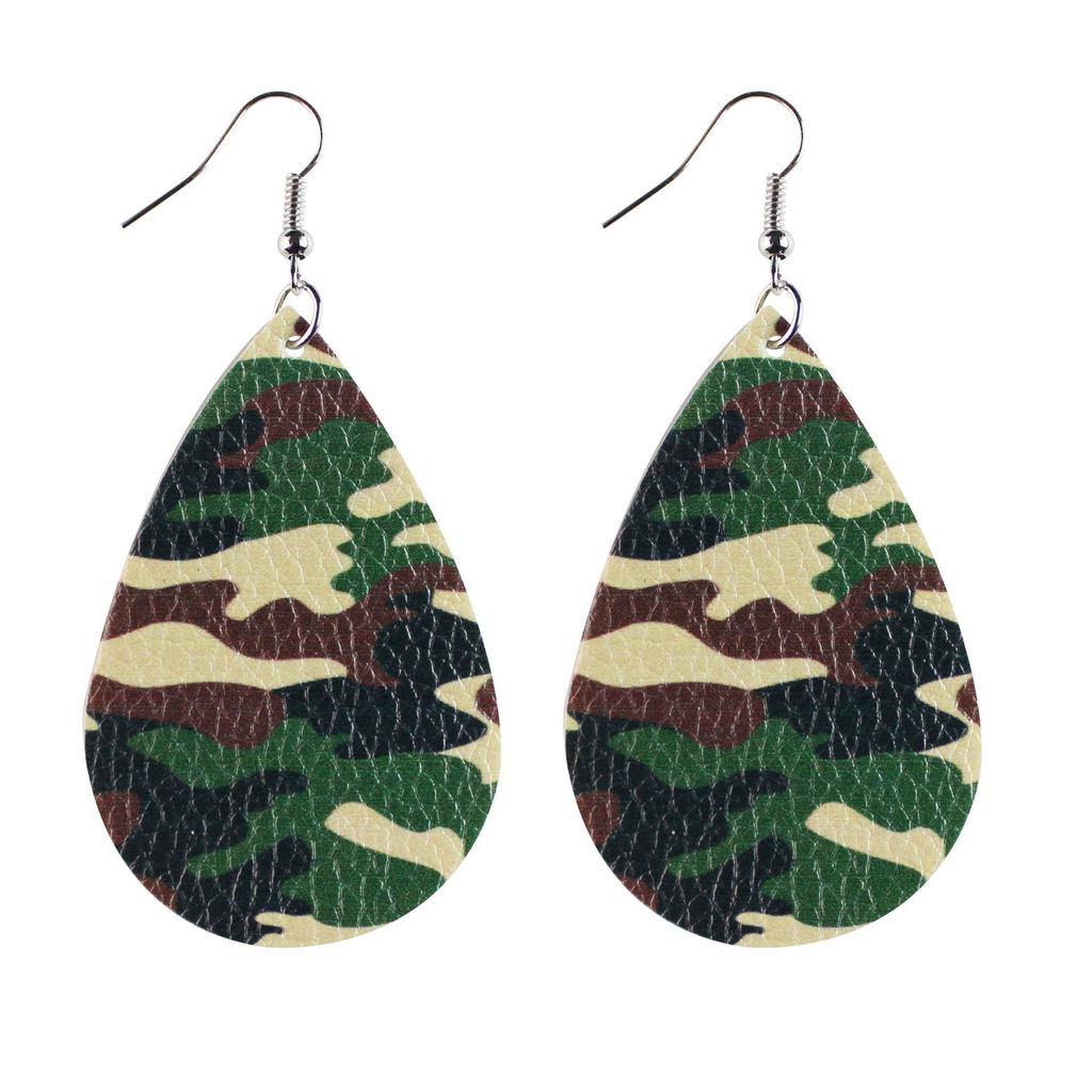 Army Green Camouflage Pu Leather Earrings Water Drop Shape Double-Sided Printing For
