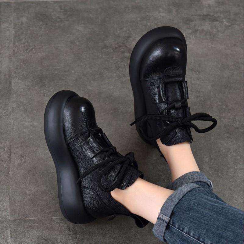 Johnature Retro Lace Up Platform Short Boots Genuine Leather Thick Soled Round Toe Women's Boots
