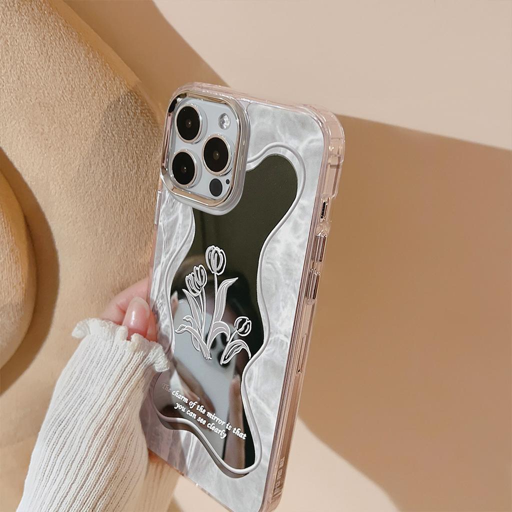 Minimalist floral mirror case for iPhone 16 Pro Max, iPhone 17, iPhone 15, iPhone 11, iPhone 8 Plus, and iPhone X