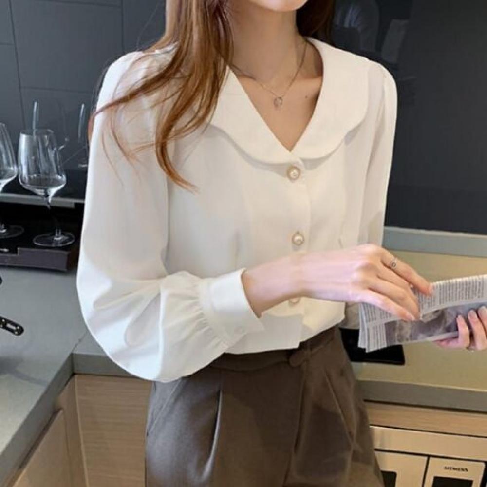 NaVaVa Women S Vintage Pearl Button V Neck Collar Long SleeVe blouSe Nb2857