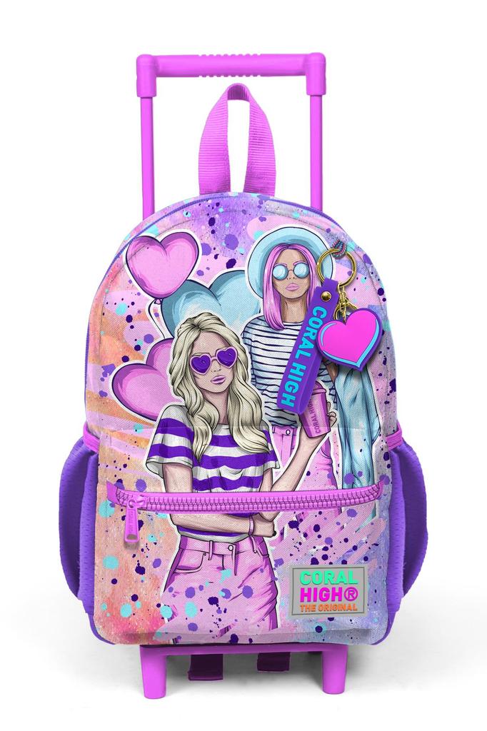 Minik Yuva Batoh na kolečkách Růžovo-fialový s motivem Fashion Girl Dvoukomorový 24055