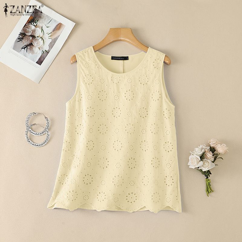 ZANZEA Women Casual Round Neck Sleeveless Lace Crochet Patchwork Loose Vest Tops