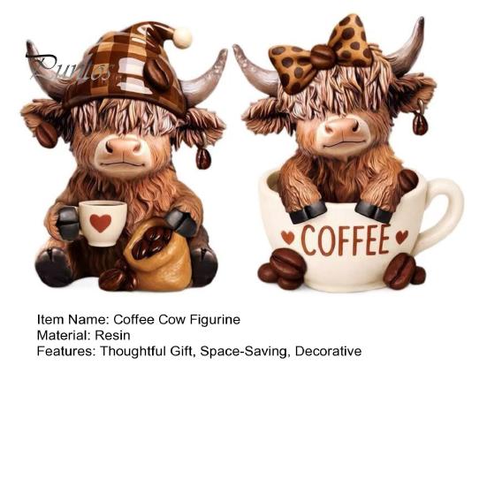 Desktop Coffee Lover Gift 2Pcs Cow Figurine, Cute Resin Animal Statue for Home Desk Rustic Farmhouse Kitchen Ornament Decor, Cafe Style Tabletop