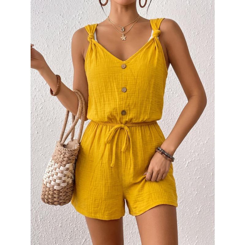 Damen Unifarben Strukturiert Verdrehte Träger Lässig Urlaub Kordelzug Ärmellos Jumpsuit Shorts