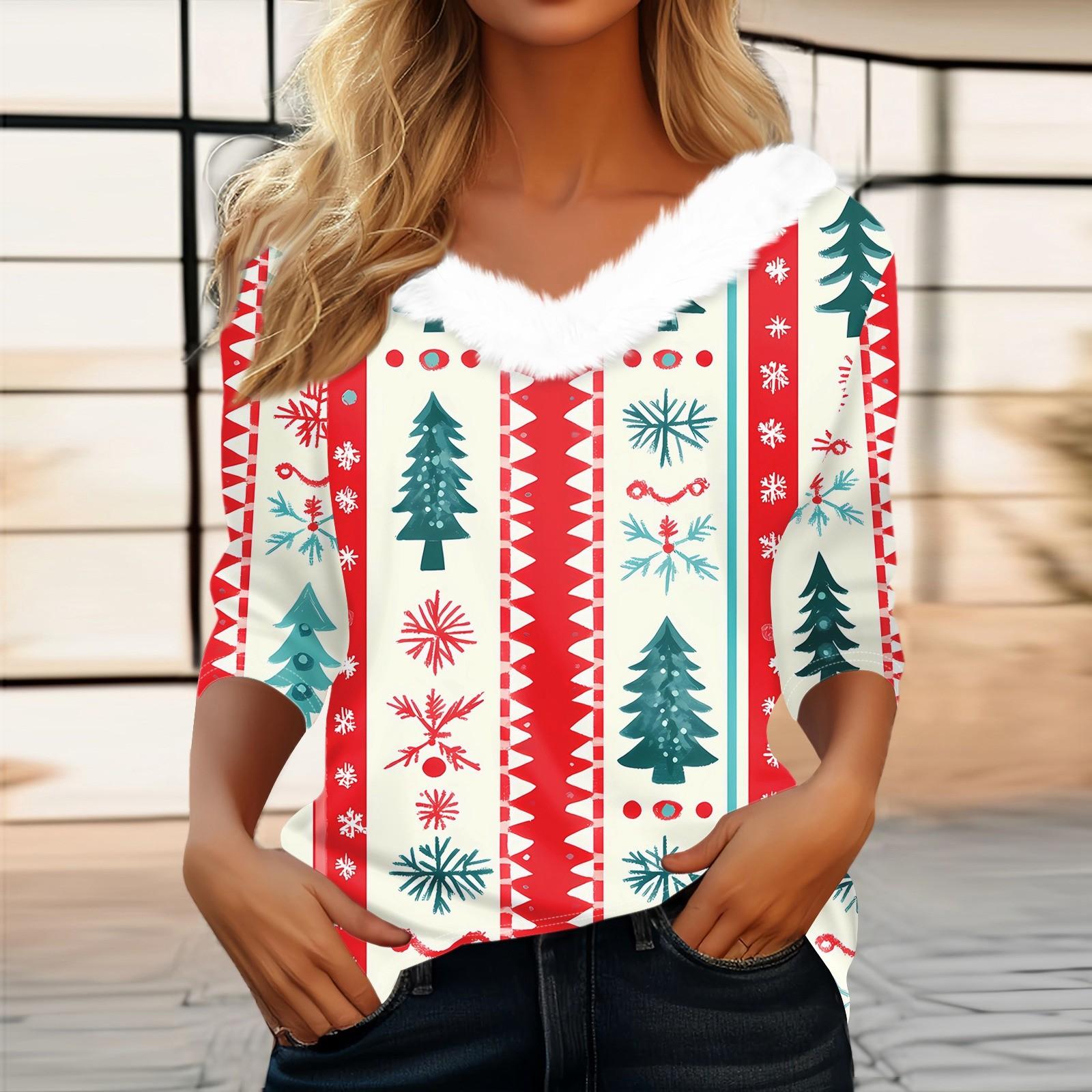 

Женская футболка с рождественским принтом, флисовый воротник с рукавом три четверти и V-образным вырезом на рождественской вечеринке XL арбуз красный