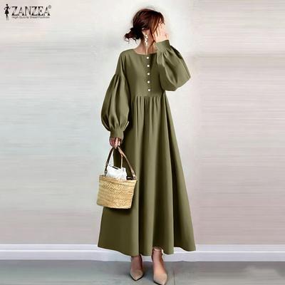 Casual Dames Jurk met Ronde Hals, Lange Mouwen, Losse Pasvorm, Lange Jurk