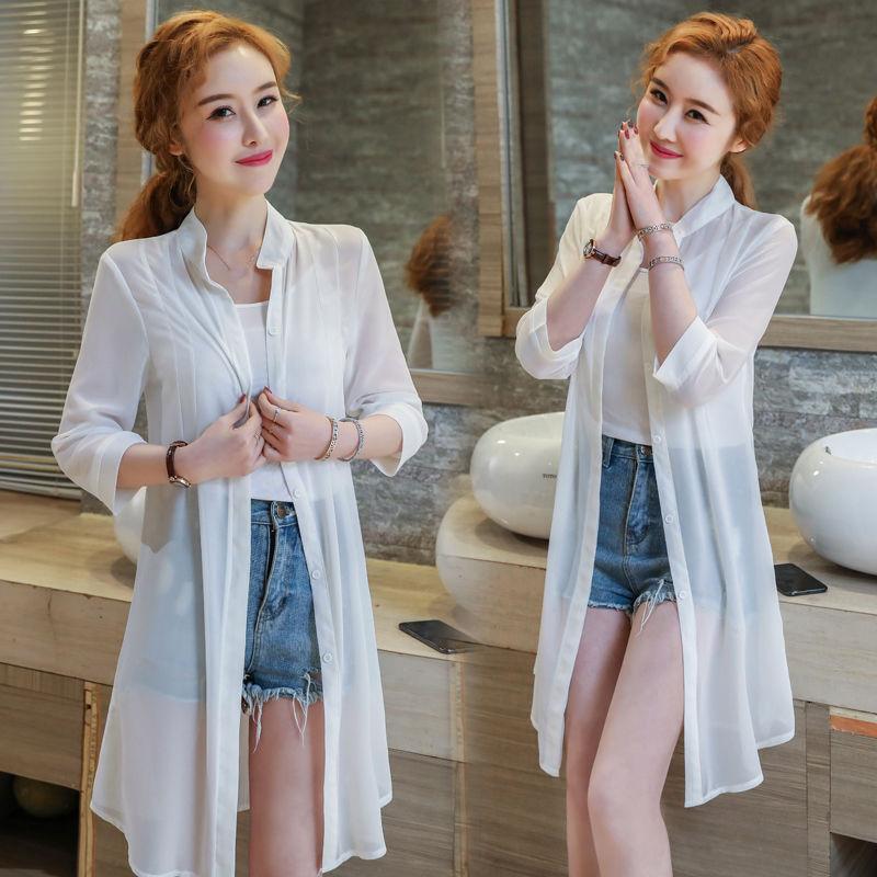 

Защитная одежда от солнца, женский пляжный летний шифоновый кардиган средней длины, шаль, рубашка с кондиционером, тонкое пальто XL