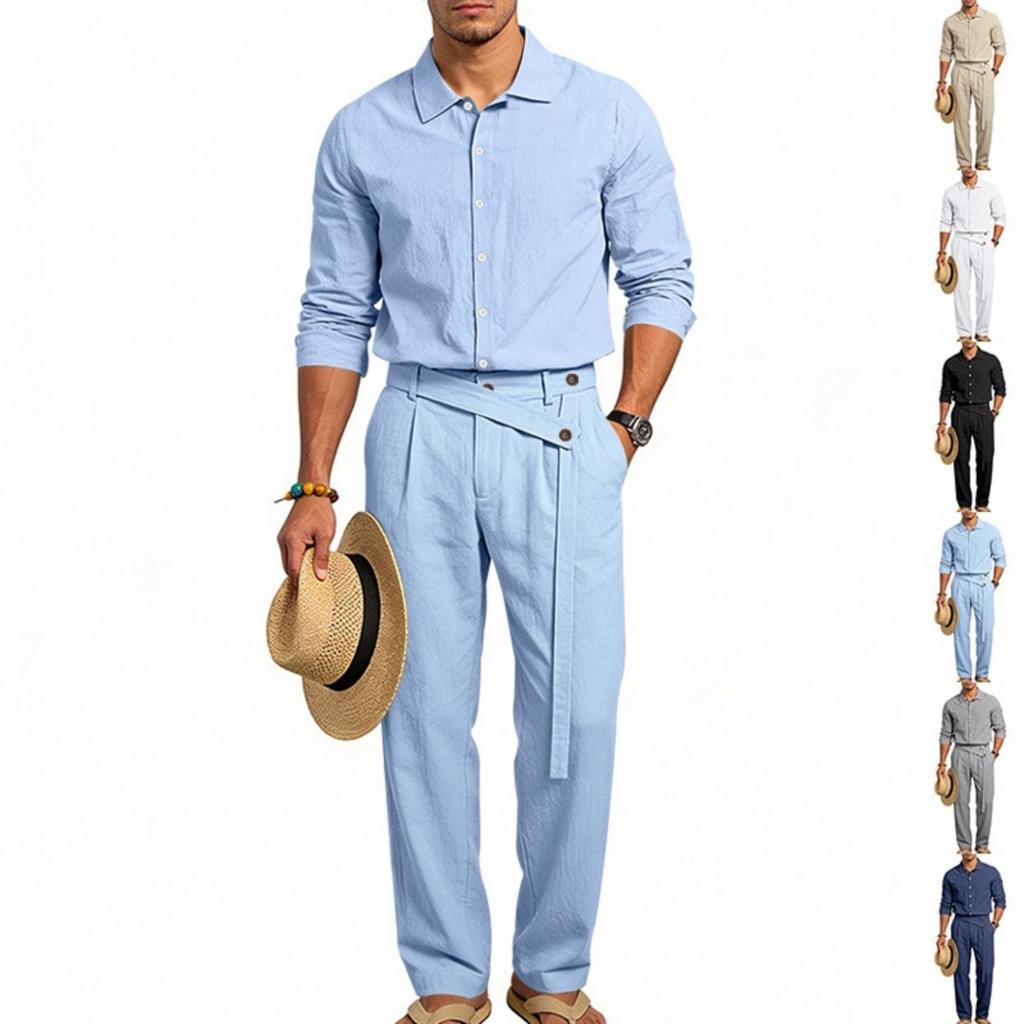 Men's Casual Linen Long Sleeve Shirt and Pants Set Two Piece Outfit for Summer Everyday Wear
