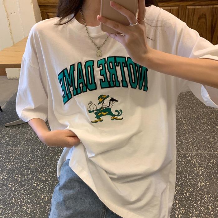 Pure cotton American retro T-shirt women's spring summer loose and versatile casual round neck top t-shirt trendy brand