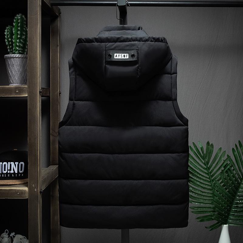 Men's Korean-Style Sleeveless Cotton Vest with Removable Hood, Warm & Trendy for Autumn and Winter.
