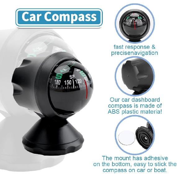 Car Compass, Vehicle Compass, Dash Mount Adjustable Compass Ball with Bottom Stick, Universal Car Accessories Navigation Hiking Direction Pointing