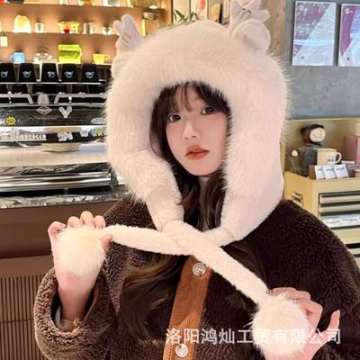 Cute Antler Hat Female Autumn and Winter Deer Ears Plush Hat Plush Hat Plush Thickened Cycling Cold Protection Ear Hat