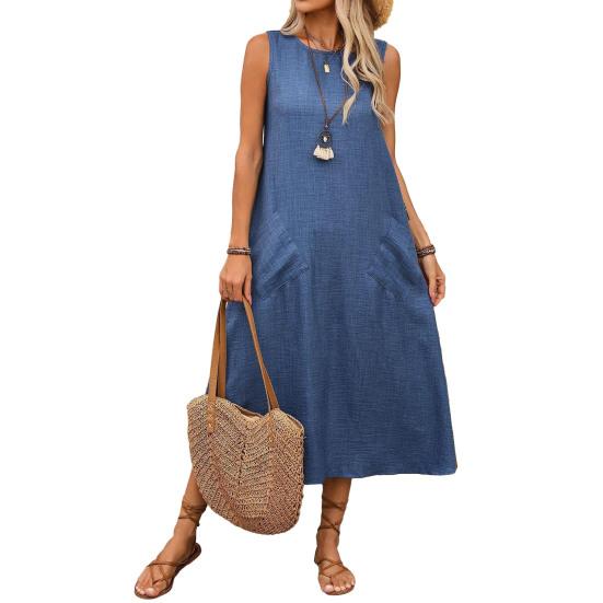 Women's Sleeveless Long Dress Casual Crew Neck Maxi Dress Summer Beach Vacation Shift Sundress with Pockets