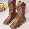 Winter Vintage Brown Women Boots Cowboy Boots Women Embroidered Square Toe Brown Long Boots Chunky Mid Calf Women Shoes