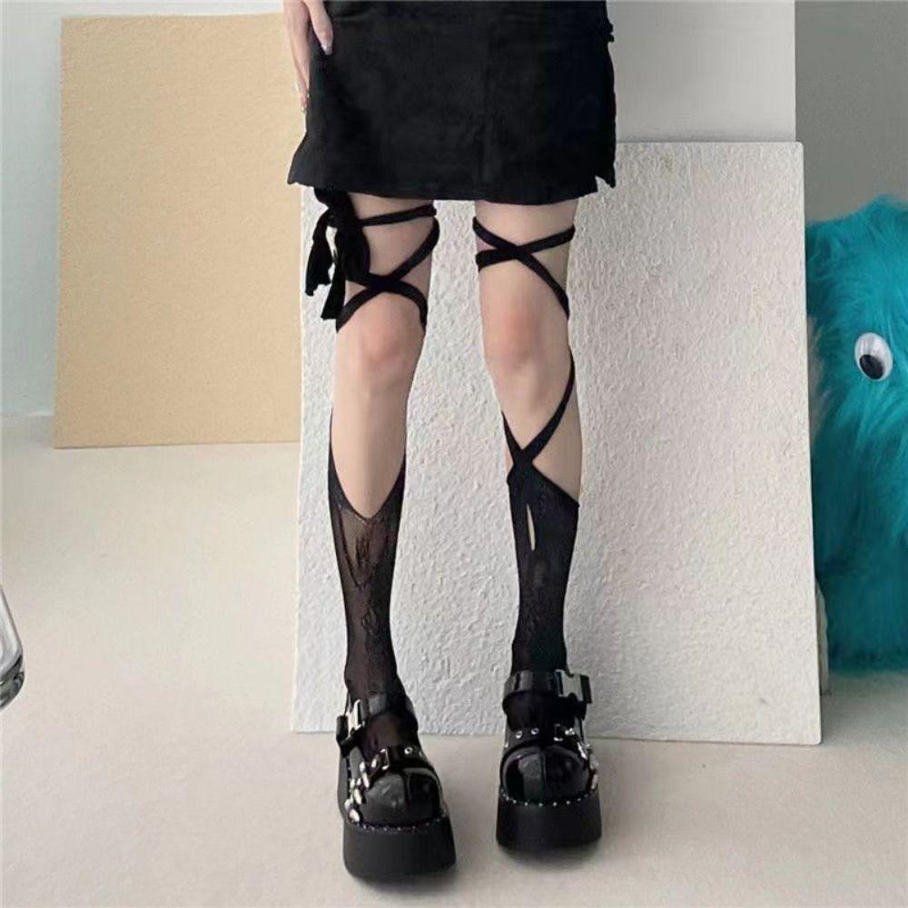 2Pairs Mesh Lolita Lace Stockings Irregular Straps Mid Tube Socks Women Thin Split Toe Socks  Gift