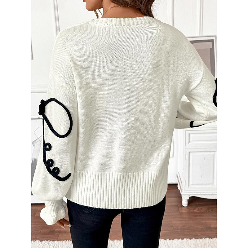 Elegant Tops for Women Streetwear Autumn New Fashion Three-dimensional Bow Round-neck Long Sleeves Pullover Sweater