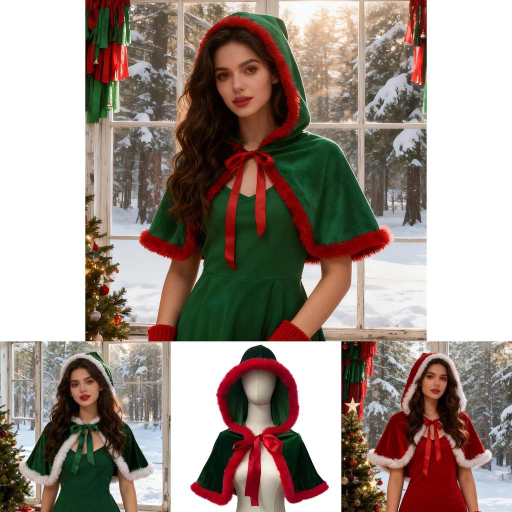 Holiday Costume Hooded Cape With Polyester Fabric For Christmas Party Dress Up