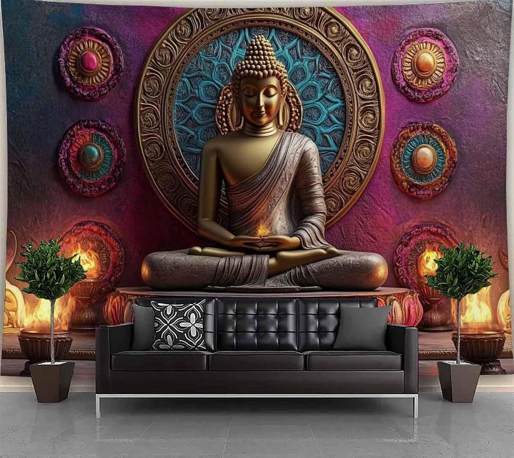 Golden Buddha Goddess Wall Tapestry With Floral Carving And Peaceful Design Art Decor For Zen Bedroom Meditation Space