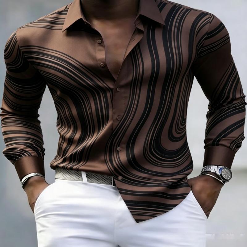 European American Trendy Men Abstract Swirl Stripe Printed Long Sleeve Shirts Spring Autumn Soft Stretch Silky Fabric Lapel Butt