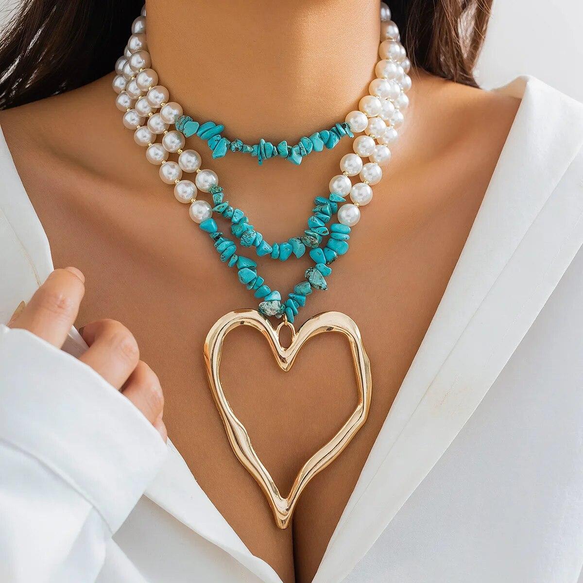 

Exaggerated Big Love Heart Pendant Choker Nekclace for Women Wed Bridal Goth Multilayer Imitation Pearl Stone Chain Y2K Jewelry