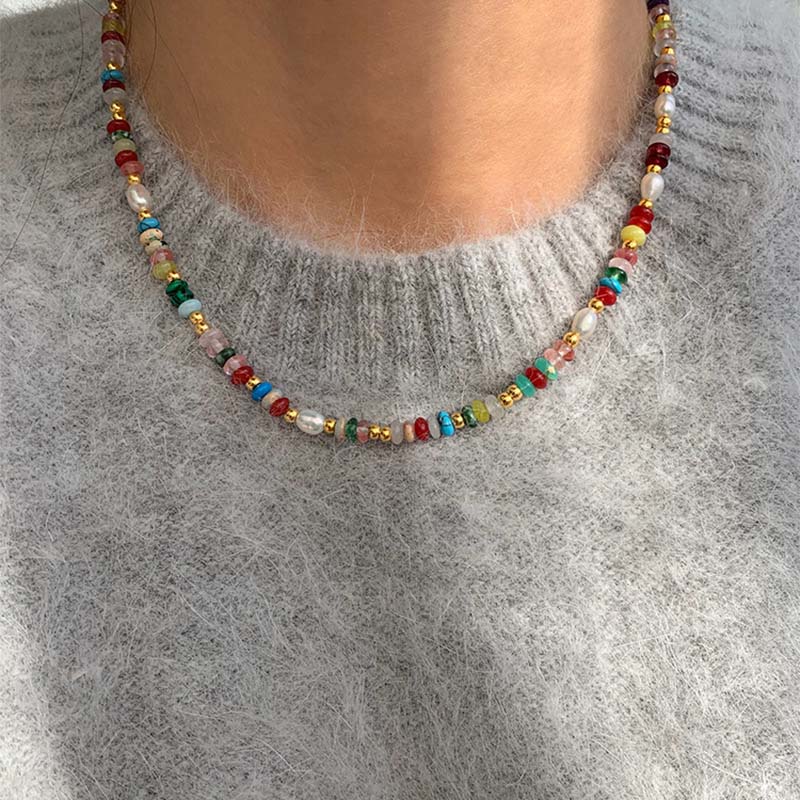 Mode Färgglada Pärlor Sten Naturliga Sötvattenspärlor Halsband För Kvinnor Retro Guldfärg Nyckelbenskedja Halsband Zirkon Gåvor