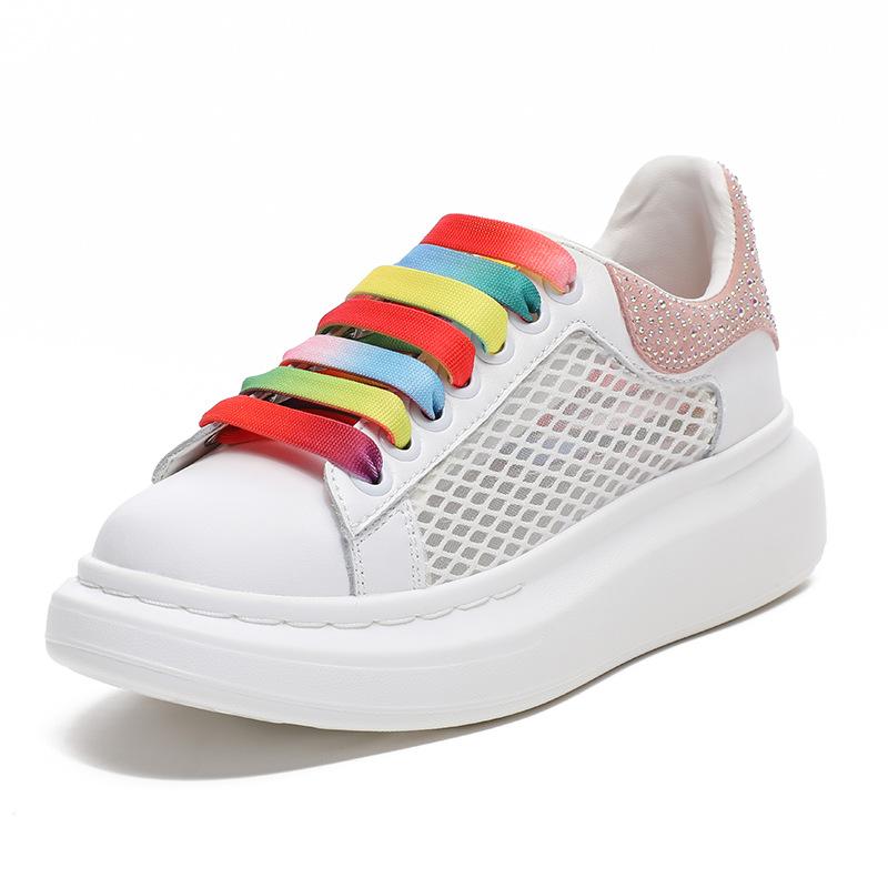 Women's leather shoes new single shoes mesh breathable rhinestone versatile sports and leisure board shoes pastel