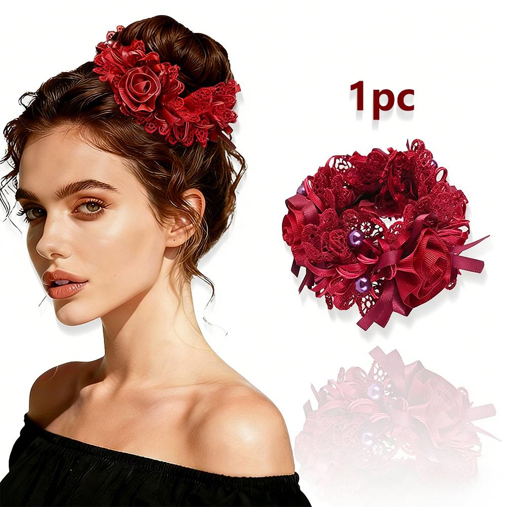 1 шт. Богемный стиль Цветок Розы Повязка на голову | Модный Кружевной Вышитый Тканевый Цветок Бант Резинка для волос для Повседневной носки и Свадебных вечеринок красный