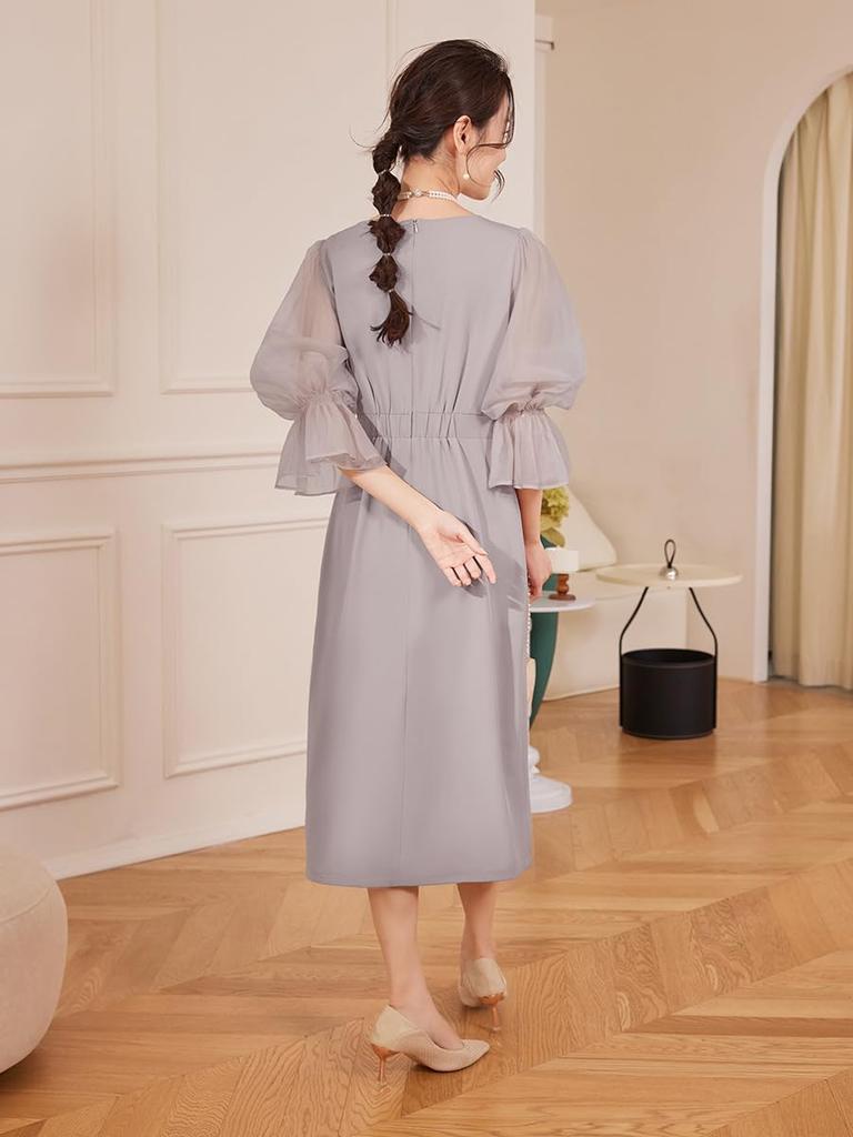 Hanmall Gray Puff Formal Long Suitable for Women In Their and Graduation LON718 Dress, Wedding, Business, Chiffon, Sleeve, Dress, Sleeve, A-Line, 20s,
