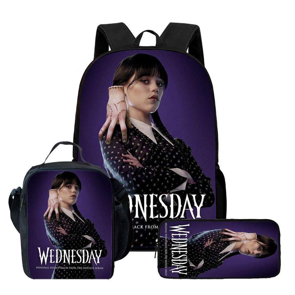Wednesday Backpack Lunch Bag Pen Case Set With Geometric Pattern For Daily Use