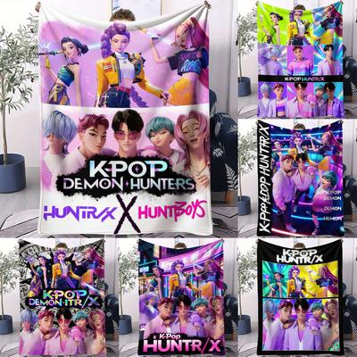 K-Pop Pink Style Blanket Demon Hunters Flannel Throw Blanket Hot Anime Soft Warm for Living Room Sofa Bed Cover Camping Fan Gift