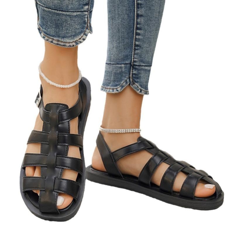 Large size woven one-word buckle belt hollow flat sandals summer new comfortable versatile Roman sandals