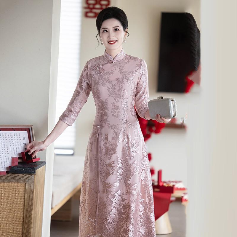 Elegant Vintage Cheongsam Dress Mother Of Bride Wedding Guest Outfit Red Pink Floral Lace Midi