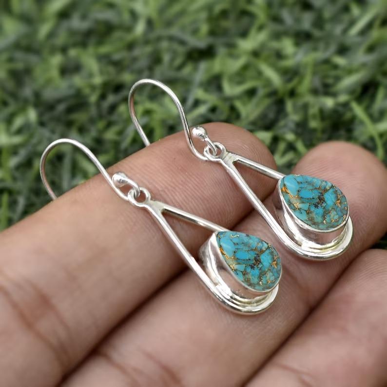 Turquoise Gemstone Handmade Designer Earring, Solid 925 Sterling Silver Earring, Gift For Her, Anniversary Gift
