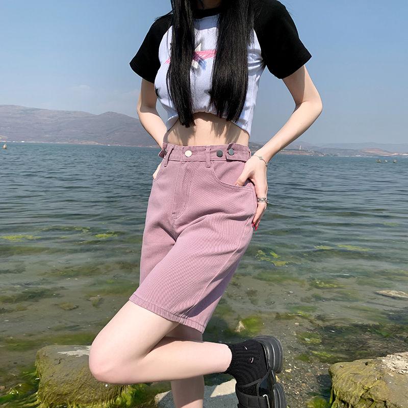 Dámské letní kovbojské šortky špinavě fialové pětiosminové středně dlouhé kalhoty s vysokým pasem, volnými širokými nohavicemi ve tvaru A, horké kalhotky se zeštíhlujícím efektem