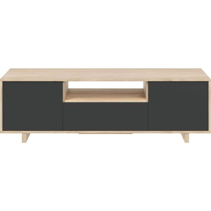 Meuble TV ZAIRA - Mélaminé Anthracite et chêne - 3 Portes - L150 x P41 x H46 cm