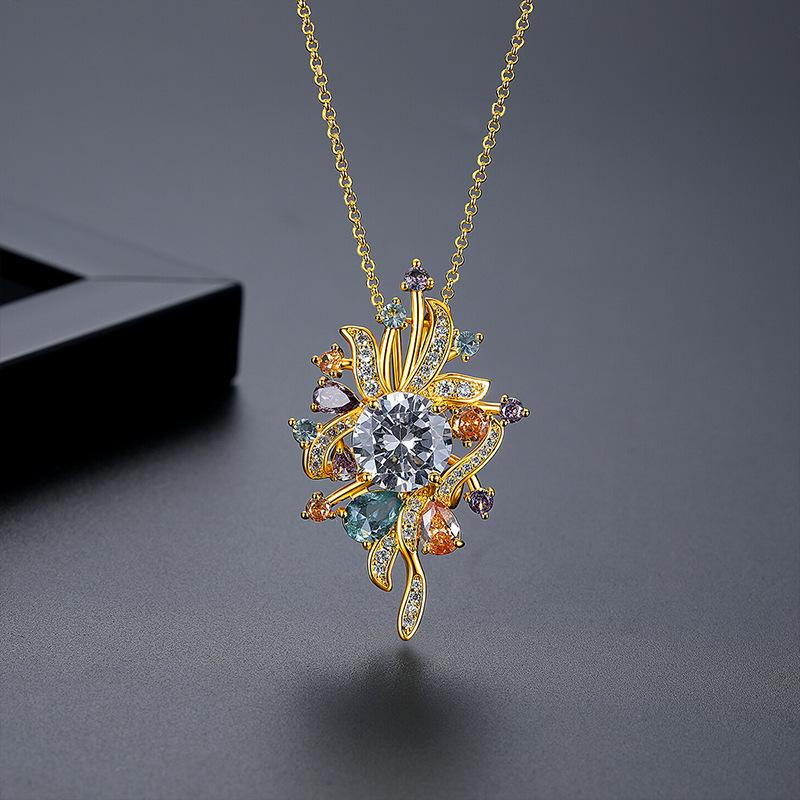 Fashion Creative Colorful Bouquet Zircon Necklace For Women, Light Luxury Elegant Clavicle Chain, Sweet Choker Necklace Party Je