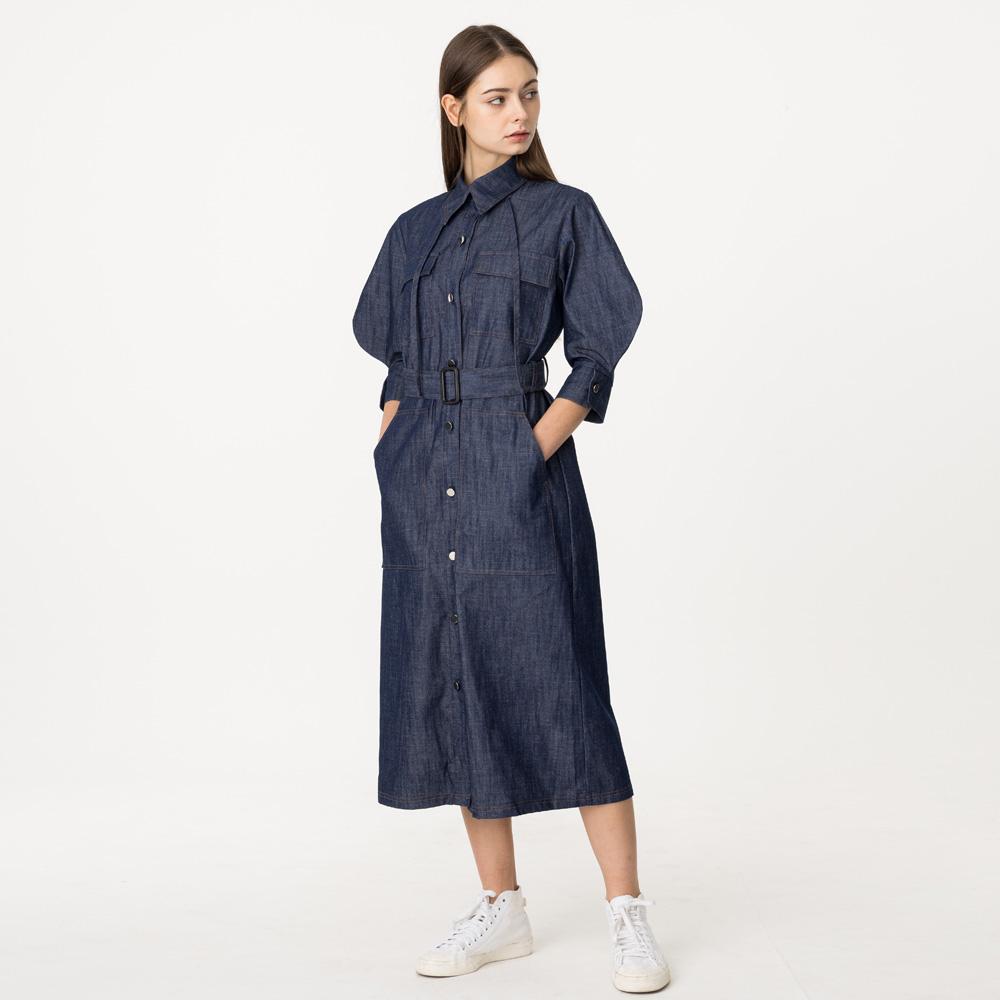 WUNDER GEIST Bishop Sleeve 3/4 Sleeve String Denim Long Dress
