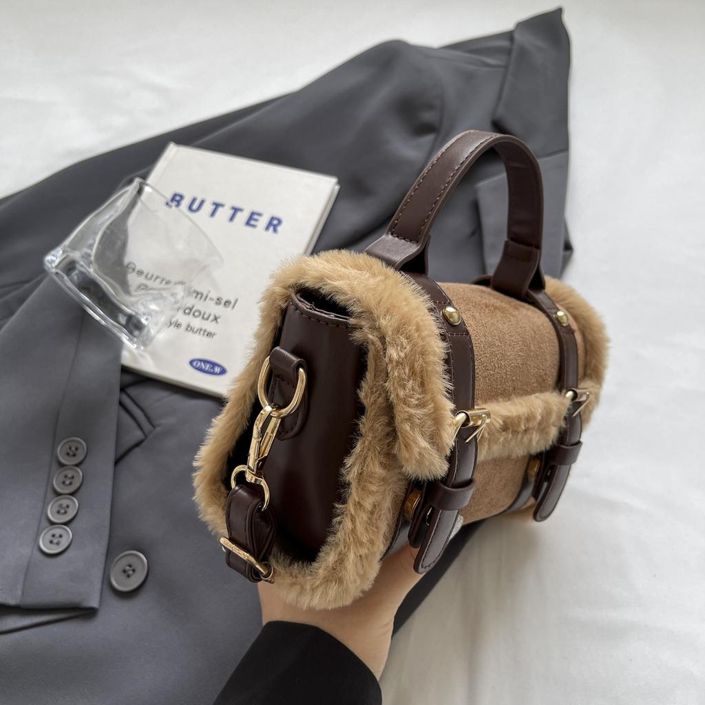 Plush Frosted Patchwork Handbag Small Square Bag Fashionable Retro Handbag Shoulder Bag