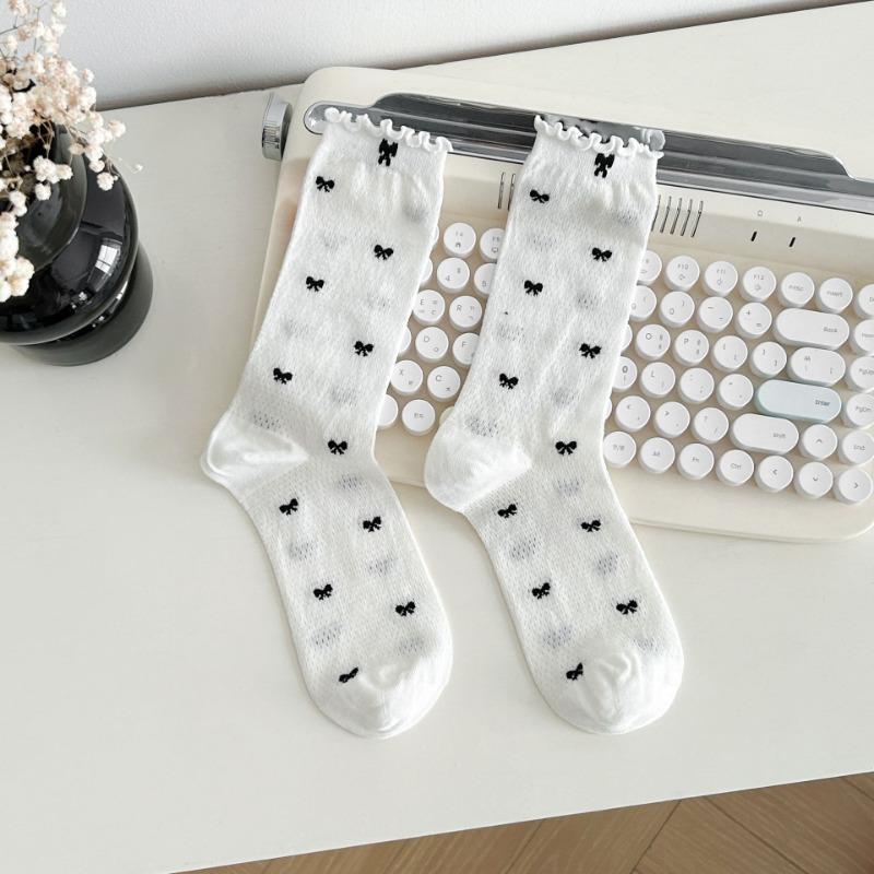 Women's Summer Socks with Mesh, Black Fungus Edges, Pile Socks, Lace Bows, Mid-calf Socks, Boneless Breathable Socks