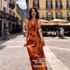 Stunning Vintage Orange V-neck Printed Camisole Dress for Women, New Summer Seaside Vacation Super Attractive Elegant Long Dress