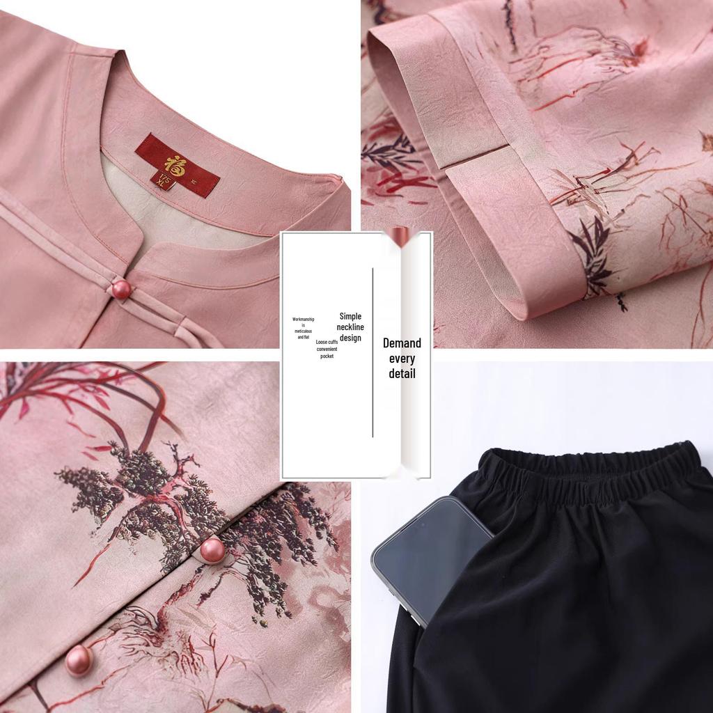 Elegant Chinese Summer Outfit: Short-Sleeved Top & Two-Piece Set for Middle-Aged and Elderly Women
