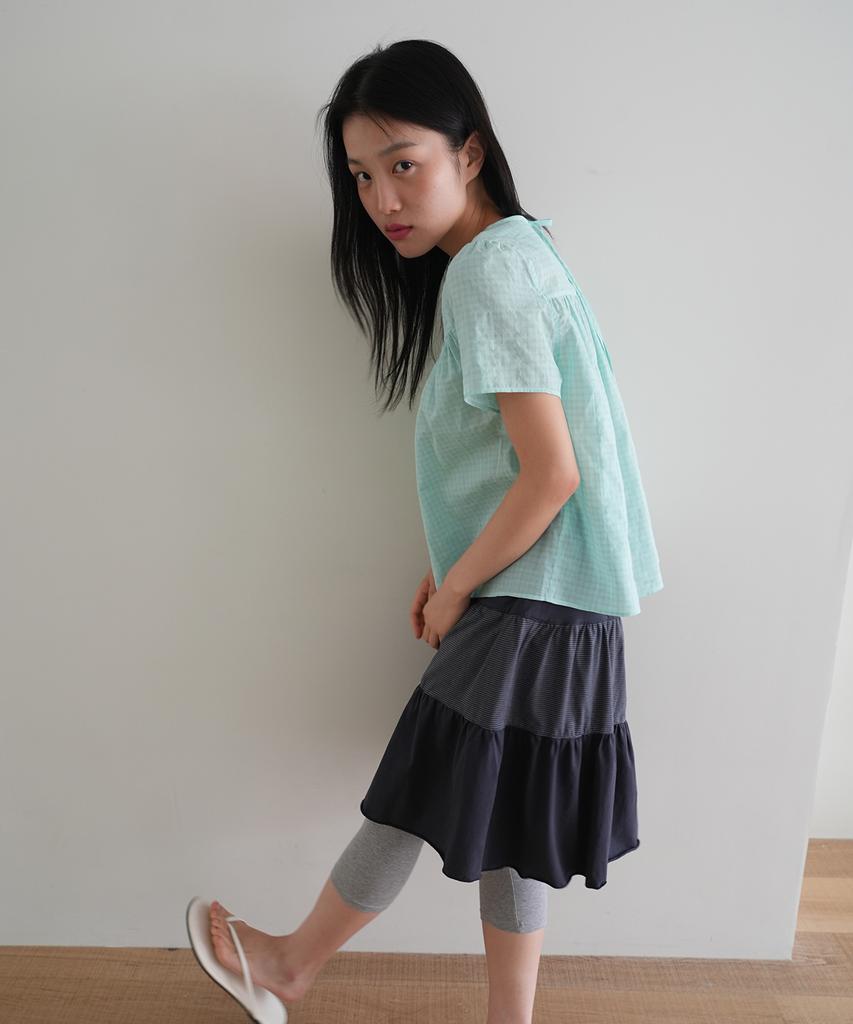 NAATS Check Shirring Half Blouse, Mint