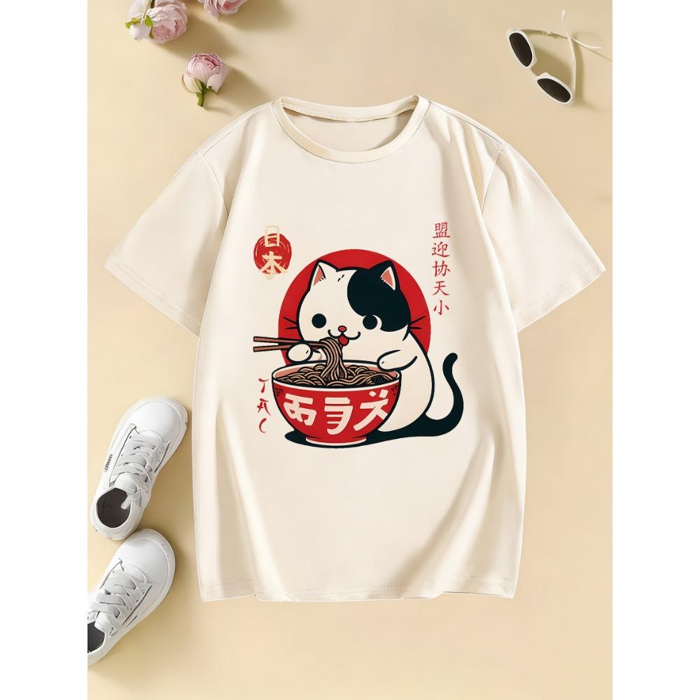 T-shirt per bambini stile giapponese Gatto che mangia Ramen Stampa 3D T-shirt a maniche corte per bambini Larga Casual Estiva all'aperto Strada Magliette per ragazzi e ragazze