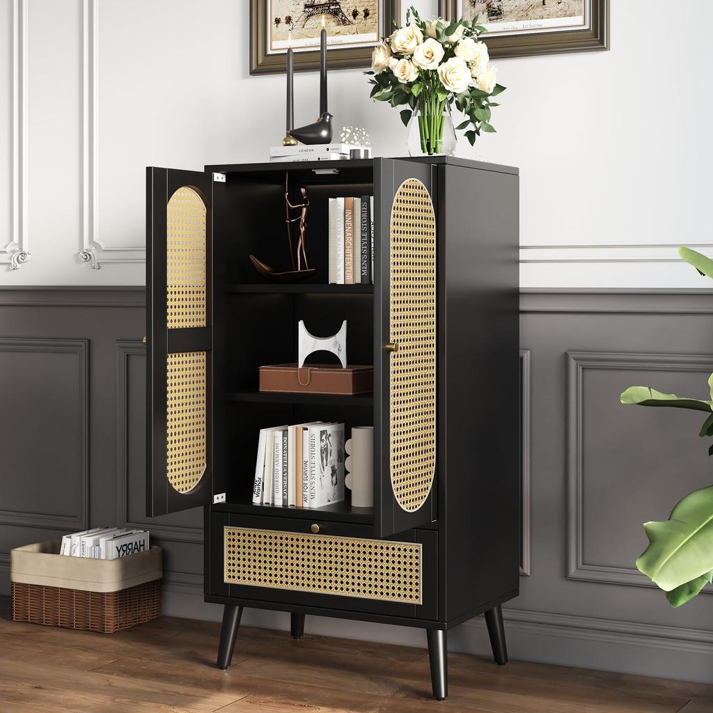 Kommode 2 Türen 1 Schubladen, Modern Highboard Küchenschrank aus Holz Rattan Türen, Schlafzimmer & Wohnräume & Büro, Schwarz, 60 x 40 x 110,5 cm