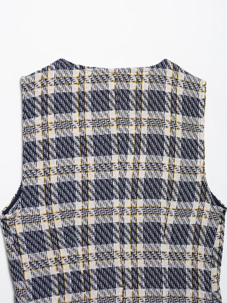 European & American Women's Summer Plaid Sleeveless Vest and Wide Pleated Culottes Set A36231/2